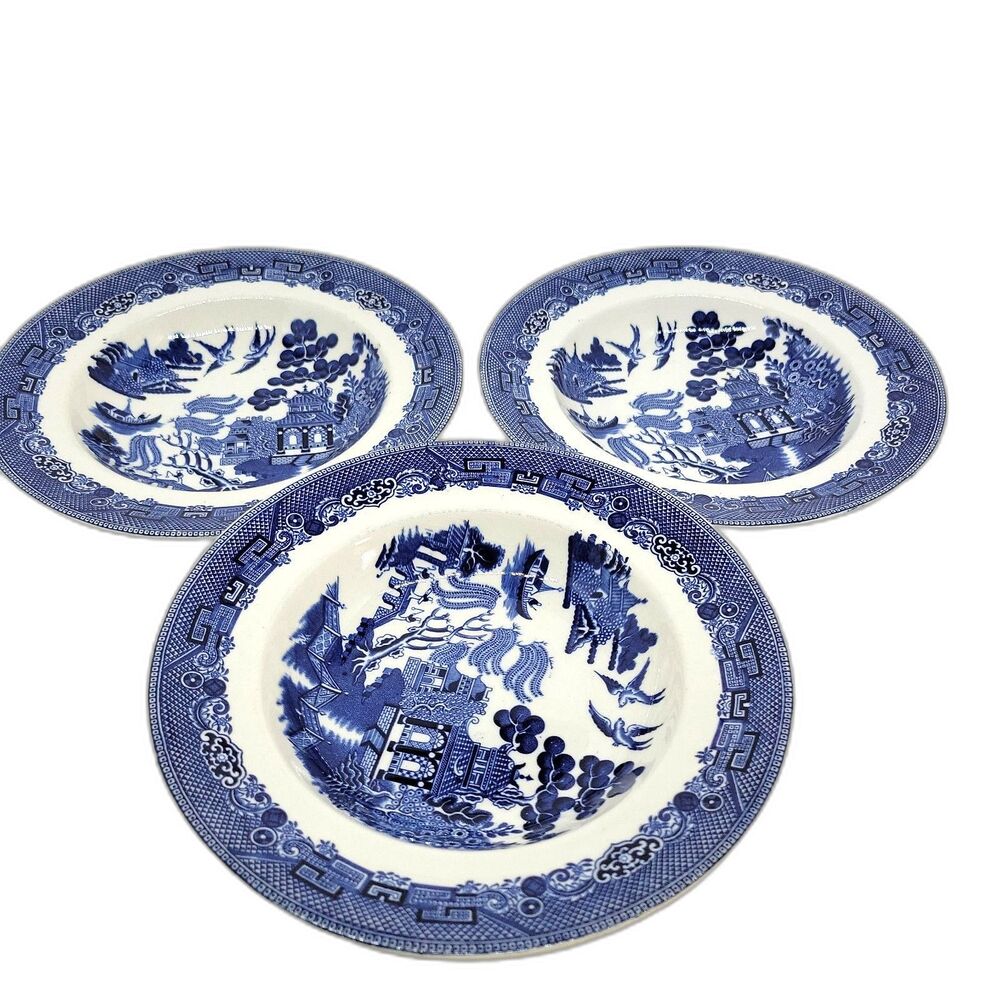 Johnson Brothers Set Of 3 Willow 8"Dia X 1.5"T Rimmed Soup Bowls GUC  READ DESC